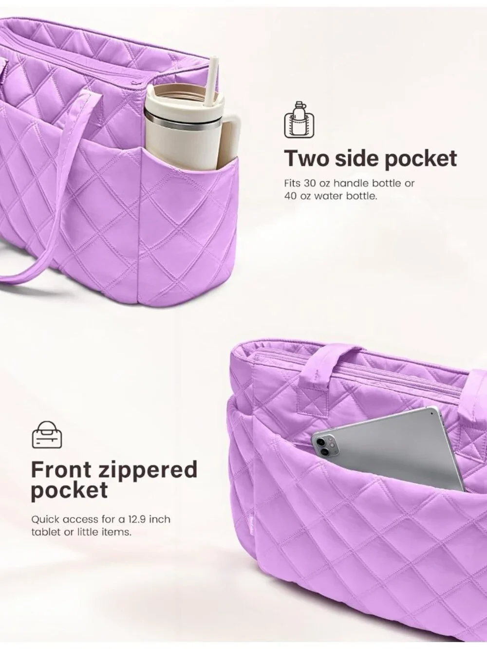 👜Women's Purple Puffer Tote Bags Lightweight Quilted Work For Travel